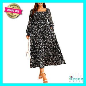 Plus Size Floral Maxi Dress Long Sleeve Smocked A Line Boho Flowy with Pockets